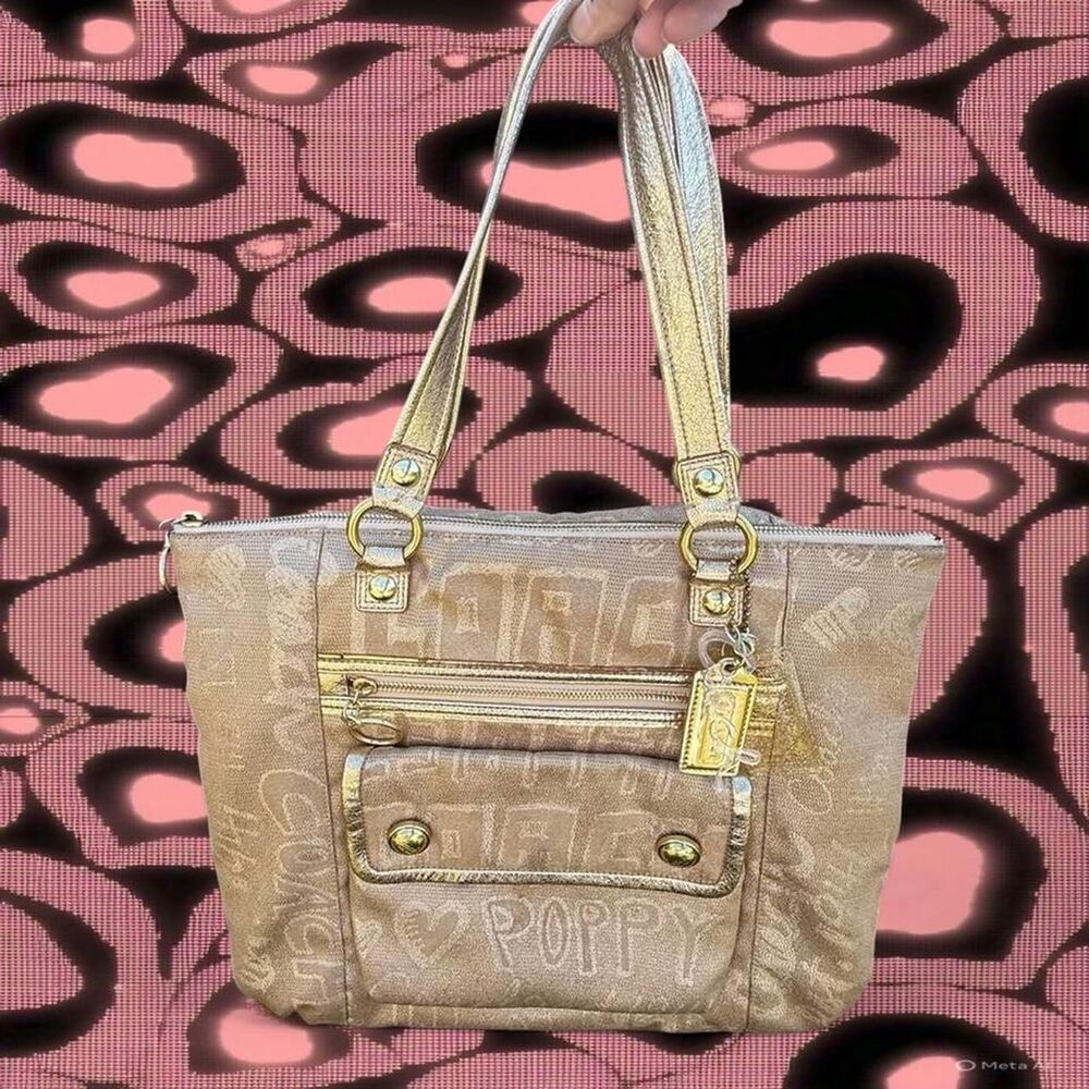 Y2K Coach Poppy Gold Jacquard Script Tote